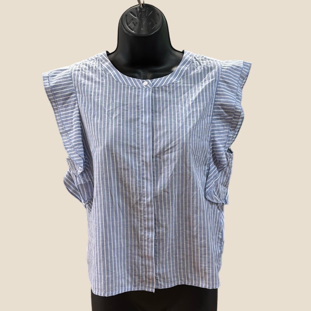 Jack by BB Dakota Blue White Striped Flutter Sleeve Button‎ Front Blouse Small
